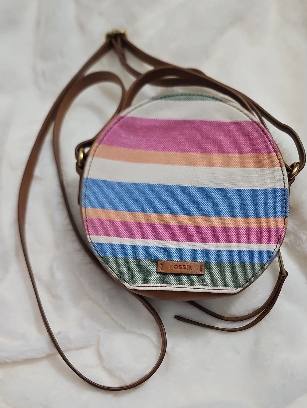 Fossil Round Stripe Crossbody Bag | Colorful Canvas & Faux Leather | Adjustable